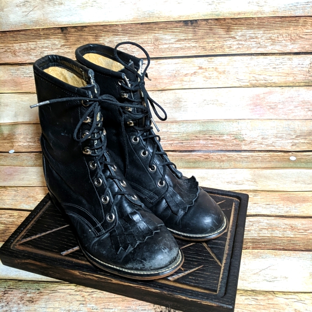Vintage Laredo Black Leather Lace-up Roper Boot 10M Made USA